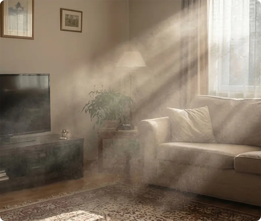 Cleaning dust in a home using a damp microfiber cloth